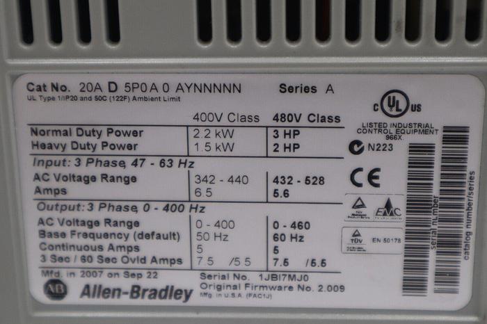 Allen-Bradley 20AD5P0A0AYNNNNN Power Flex 70 Adjustable Frequency Drive #1635