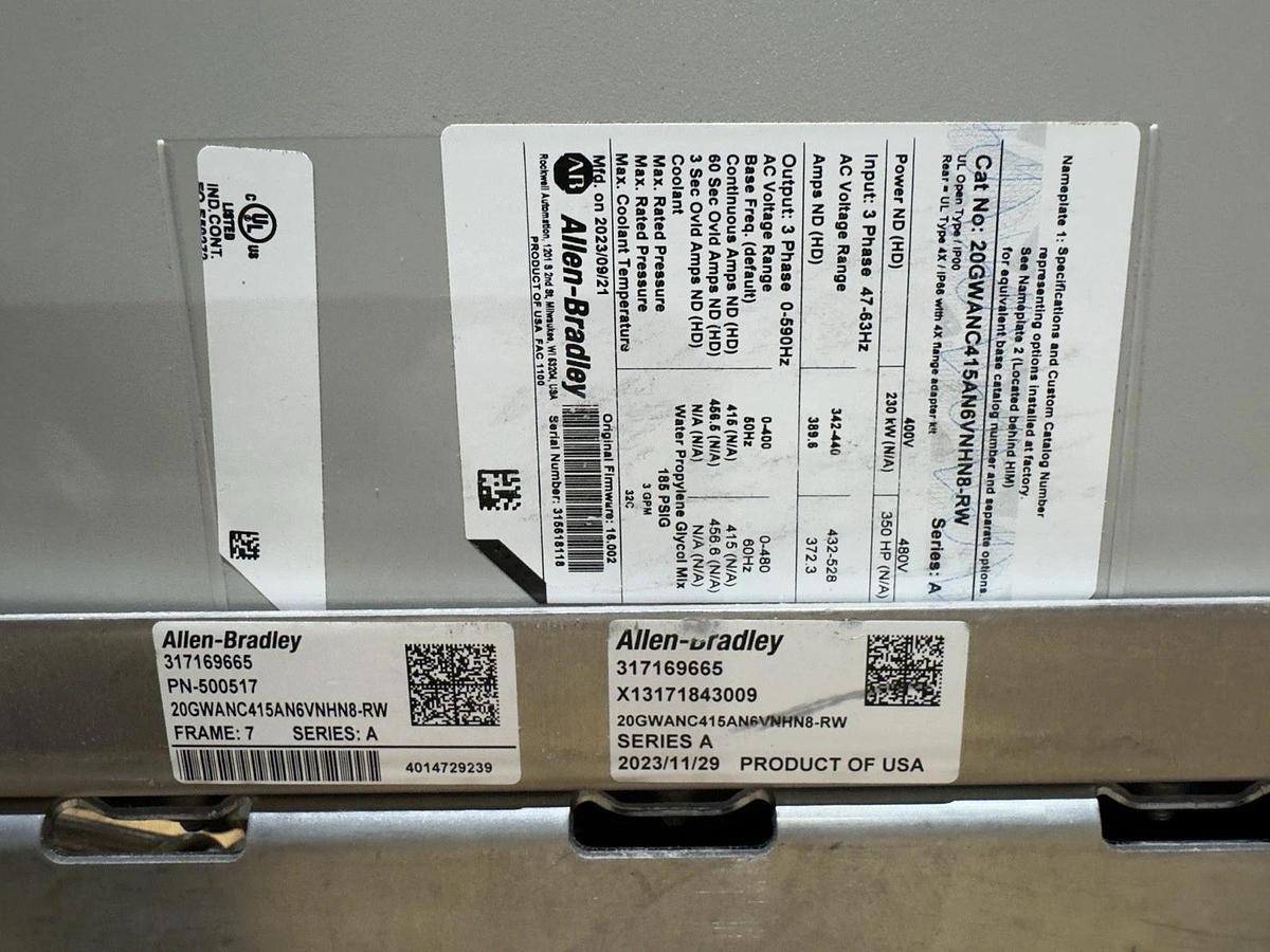 Used ALLEN BRADLEY 20GWANC415AN6VNHN8-RW AC DRIVE LIQUID COOLED 3 PHASE OUTPUT #S682