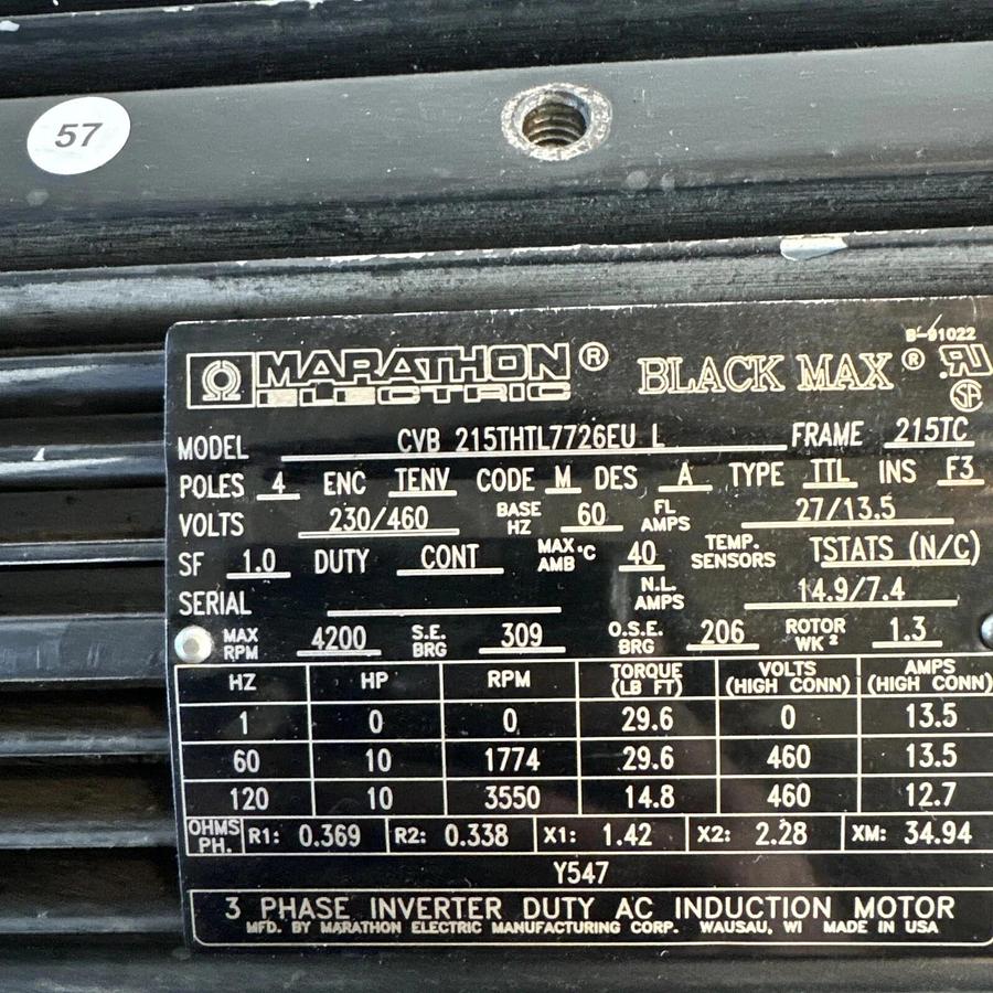 Used Marathon Motor CVA 215THTL7726EU L Inverter Duty AC Induction Motor 10 HP #HP113