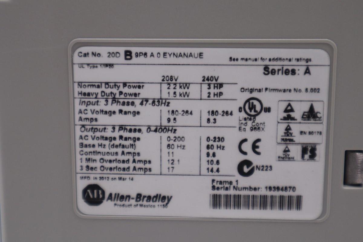 NEW ALLEN BRADLEY 20DB9P6A0EYNANAUE SER. A POWERFLEX 700S DRIVE 3 HP STOCK 4058