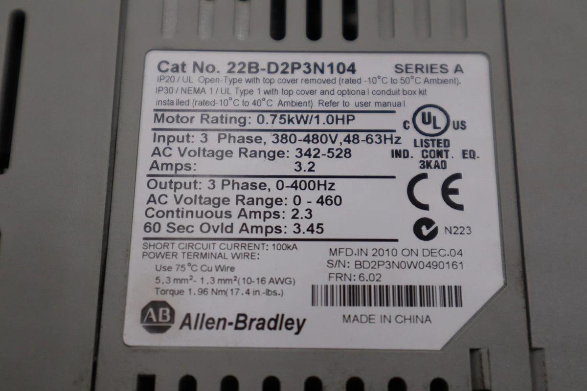 Used Allen Bradley 22B-D2P3N104 /A PowerFlex 40 480V 3-Phase 1HP AC Drive #H1243