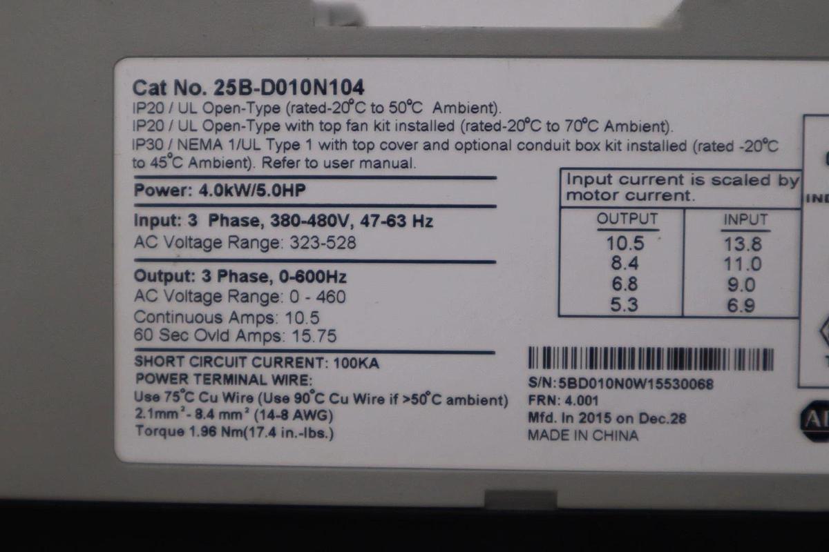 Used AB ALLEN BRADLEY POWERFLEX 525 25B-D010N104 4.0kW 5.0HP STOCK H1402