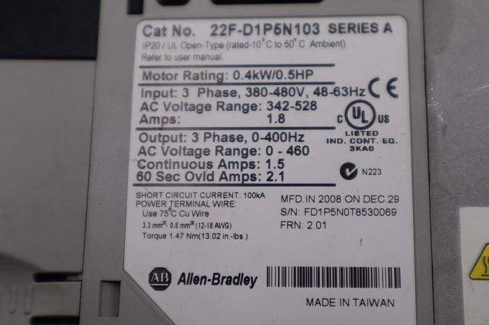 Used Allen-Bradley 22F-D1P5N103 Power Flex 4M 0.4 kW 0.5 HP AC Drive STOCK B-1302