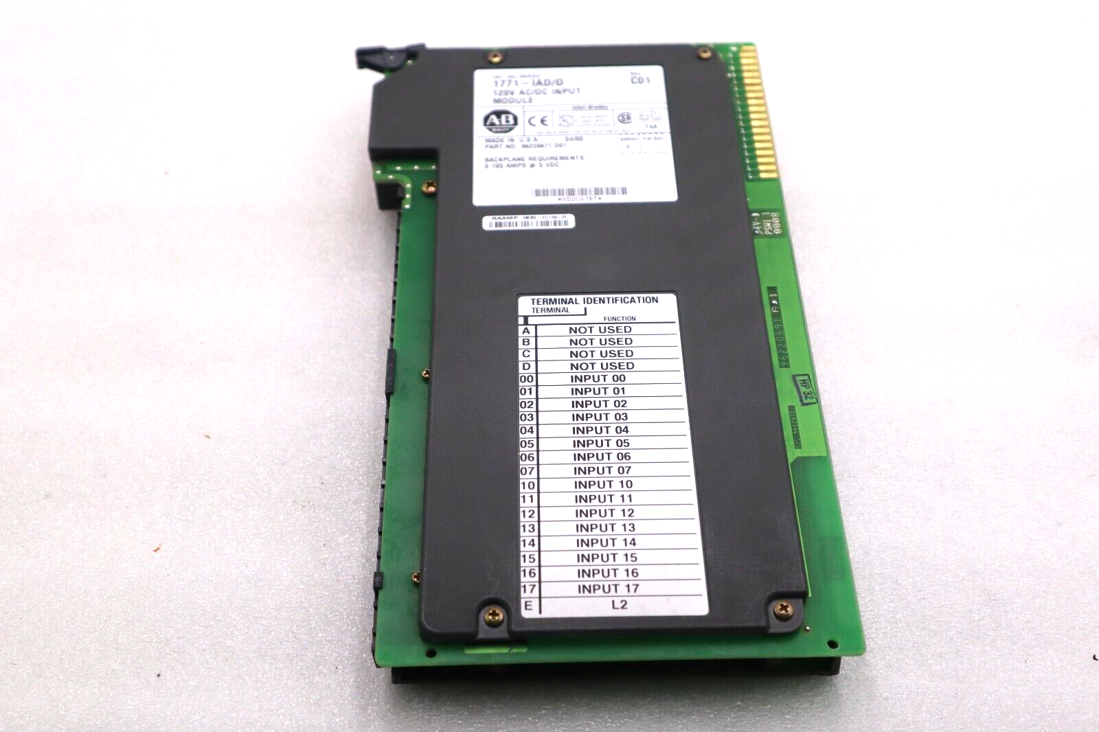 Used ALLEN BRADLEY 1771-IAD SERIES D 120V AC/DC INPUT MODULE REV C01 STOCK #1788