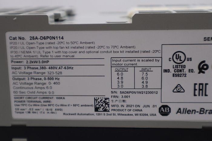 Allen-Bradley 25A-D6P0N114/B PowerFlex 523 2.2kW (3Hp) AC Drive STOCK 2082-A