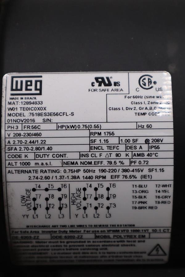 Used NEW OPEN BOX WEG 7518ES3E56CFL-S 3ph 0.75hp 230/460V 1755rpm MOTOR STK M196CC