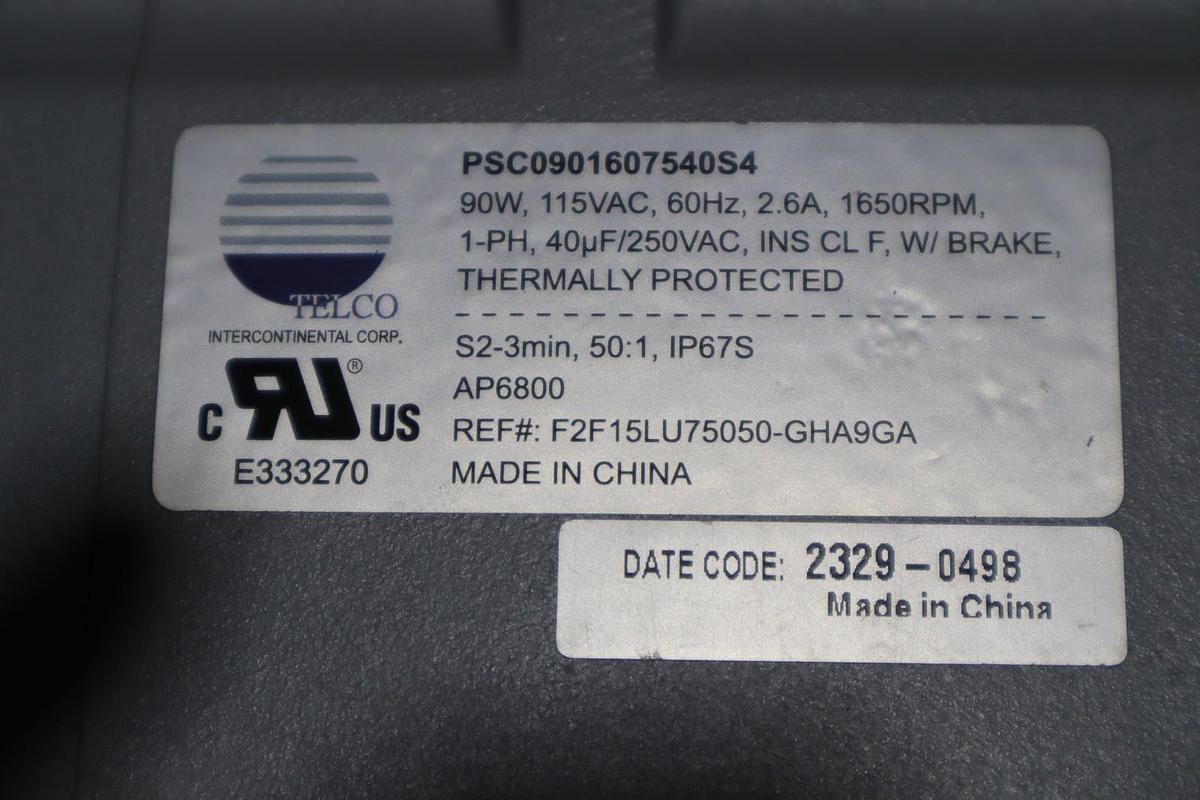 Used TELCO PSC0901607540S4 GEARMOTOR, 1 HP, 90 WATT, 115 VAC, 60 HZ - STOCK SGF70