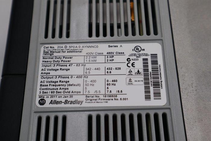 Used ALLEN BRADLEY 20AD5P0A0AYNNNC0 POWERFLEX 70 SER A STOCK #1915