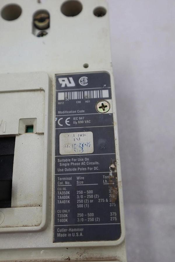 Used CUTLER-HAMMER HM2P400X5WS10 MOTOR CIRCUIT PROTECTOR SERIES C 600VAC STOCK #3225