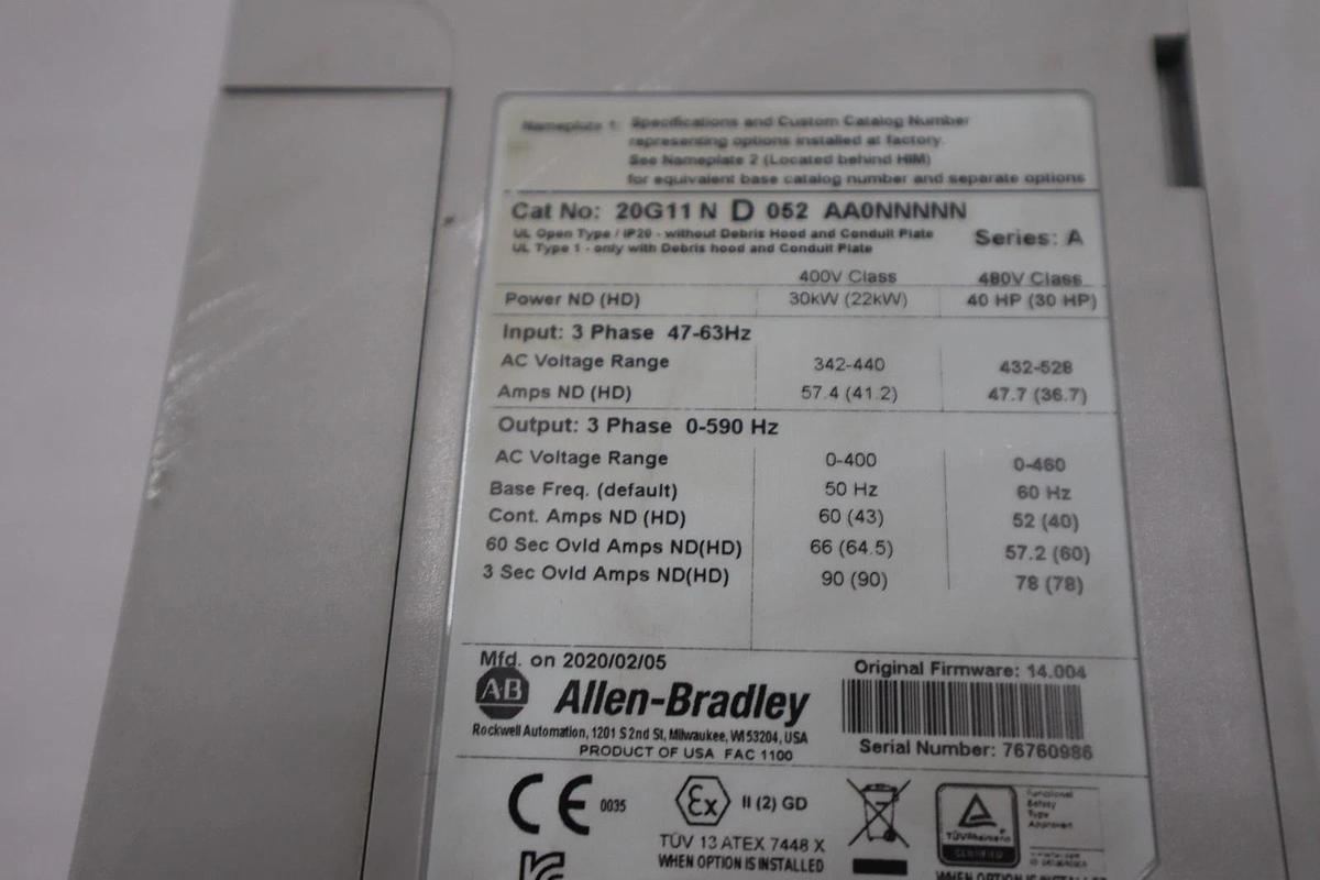 Used Allen-Bradley 20G11ND052AA0NNNNN/A Power Flex 755 480V AC 40HP DRIVE VFD #3709CC