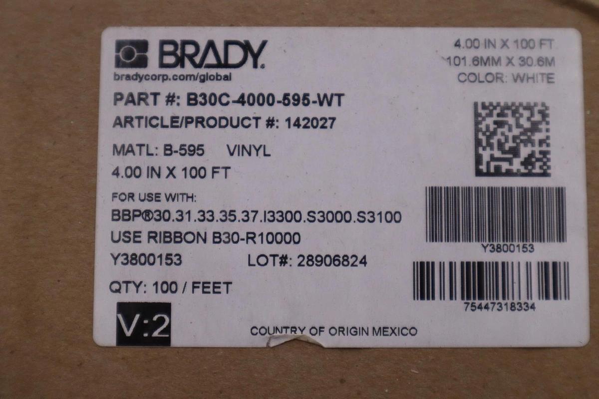 Used Brady B30C-4000-595-WT 4" x 100' White Vinyl Label Tape NEW IN BOX STOCK GF-1170
