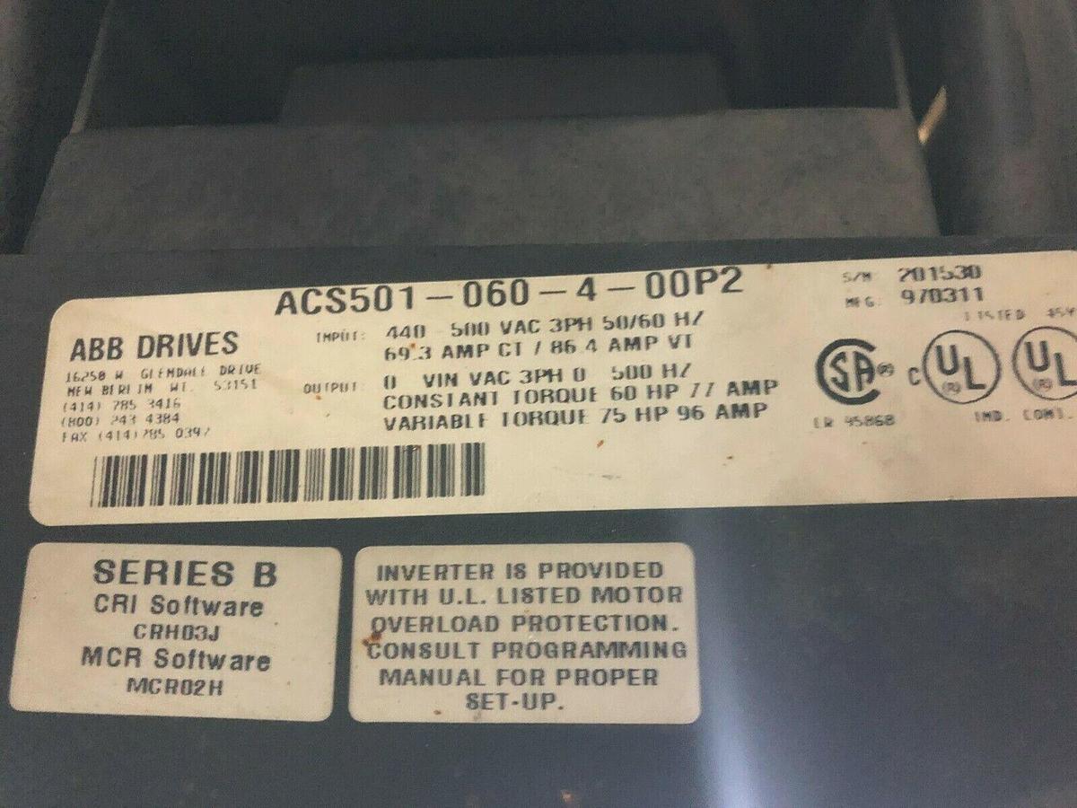 Used ABB ACS 500 ADJUSTABLE FREQUENCY DRIVE 60 HP ACS-501-060-4-00P2 STOCK SK-01