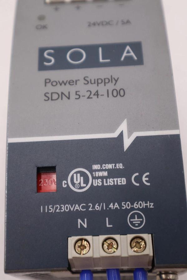 Used SOLA SDN 5-24-100 POWER SUPPLY 230VAC STOCK #L-208A