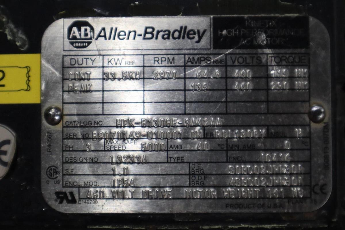 Used Allen-Bradley HPK-B1308E-SA42AA High Power AC Servo Motor (MISSING BACK COVER)