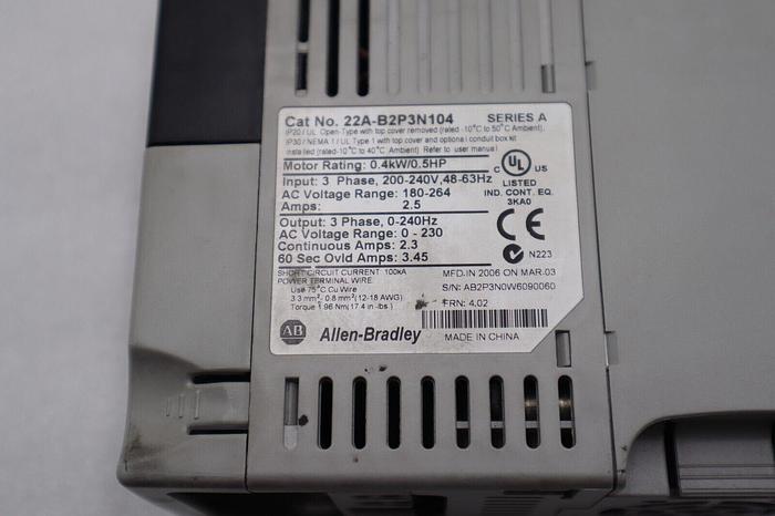 Used ALLEN BRADLEY 22A-B2P3N104 POWERFLEX 4 0.4kW/0.5HP SER A STOCK #1929