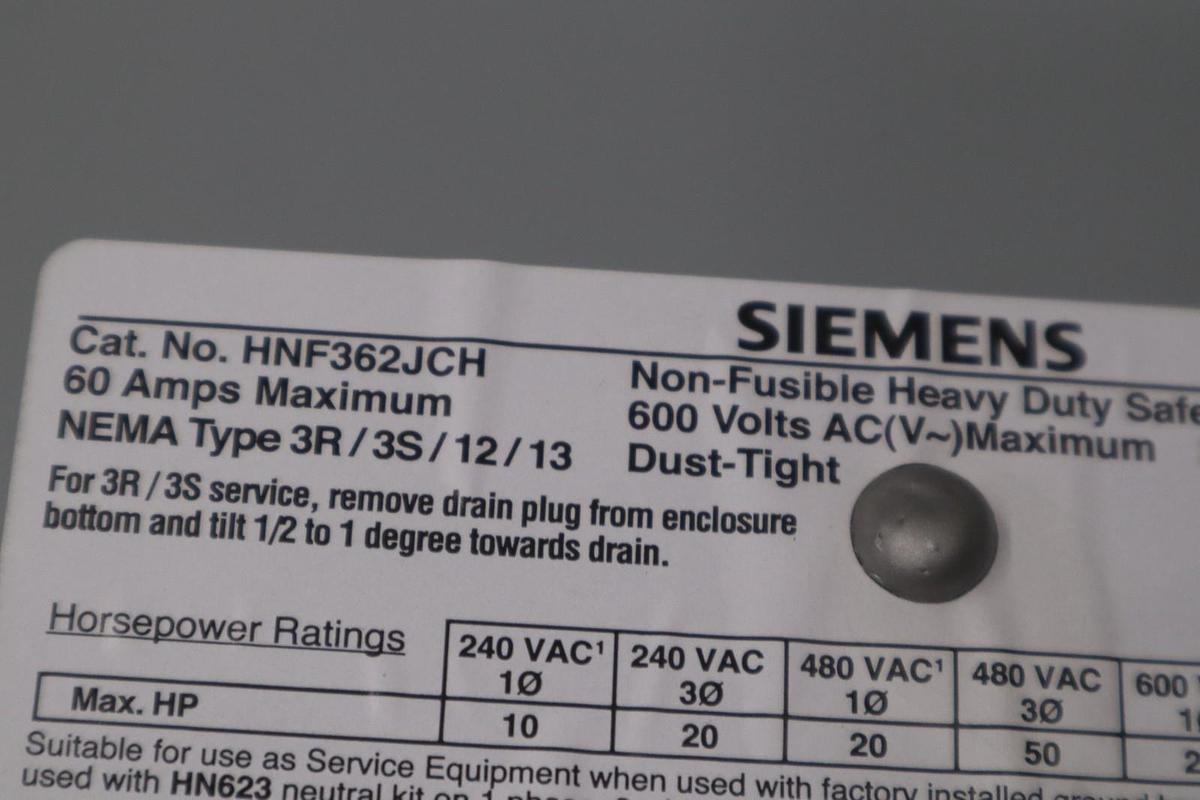 Used HNF362JCH - Siemens 60A 600V 3-Pole Heavy Duty Non-Fusible Safety Switch NEW