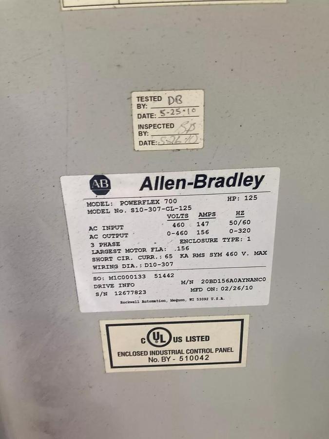 Used ELECTRICAL ENCLOSURE WITH 20BD156A0AYNANC0 Allen Bradley 125HP Powerflex 700