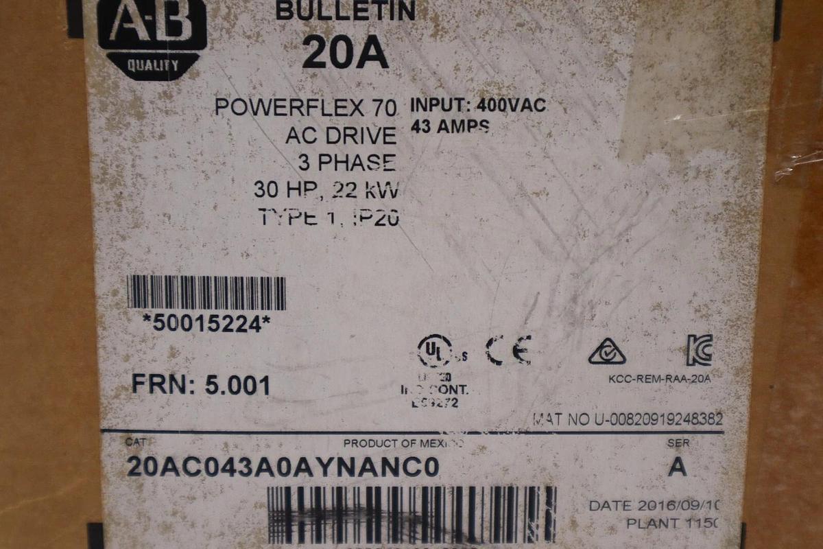 20AC043A0AYNANC0-A Allen Bradley 43A 460V 30HP Powerflex 70  MFG. 2016 STK 2515