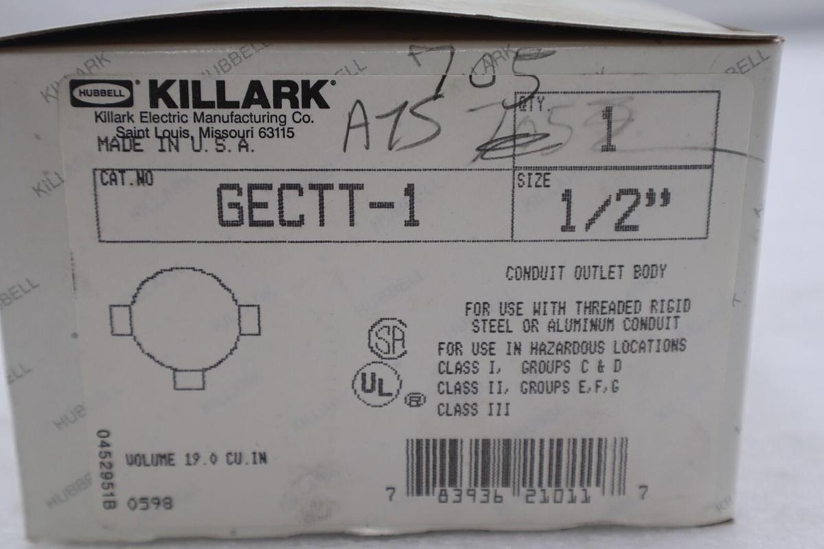 Used HUBBELL KILLARK GECTT-1 Conduit Outlet Body,Iron,Trd Sz 1/2in #2014-A