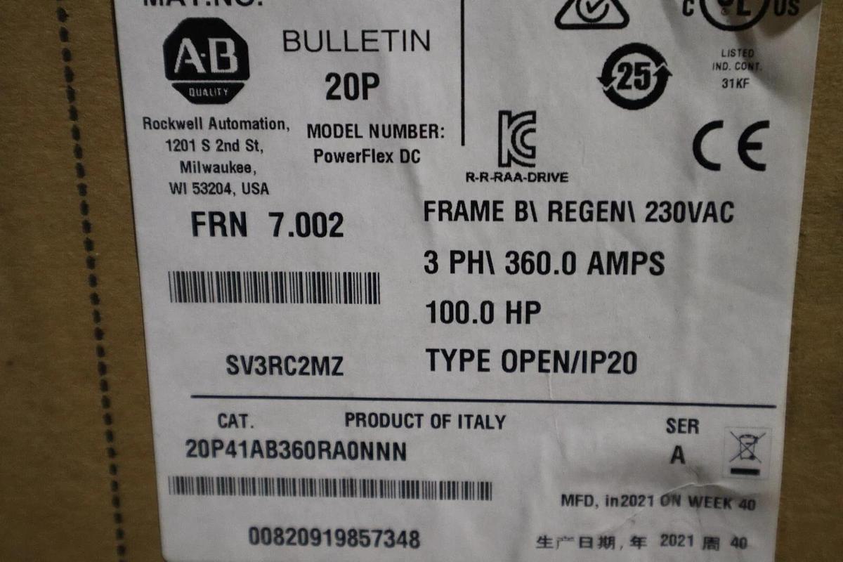 Used NEW ALLEN BRADLEY 20P41AB360RA0NNN 100 HP POWERFLEX DC DRIVE NEW 2021 #3356-A