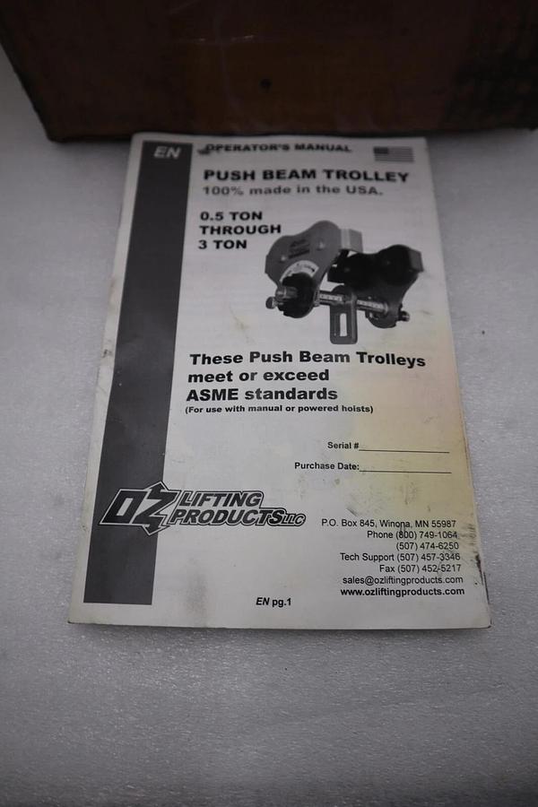 Used NEW IN BOX OZ 0.5 Ton 05PBTA/ OZ05PBTA PUSH BEAM TROLLEY STOCK 4419A