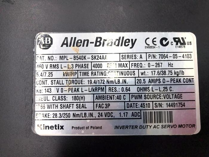 Used ALLEN BRADLEY MPL-B540K-SK24AA SERIES A 4000RPM MAX CONTINUOUS SERVO MOTOR S-129
