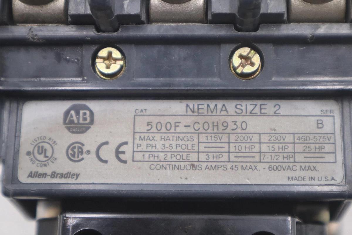 ALLEN BRADLEY 500F-C0H930 SER B NEMA SIZE-2 MOTOR STARTER STOCK K-3725