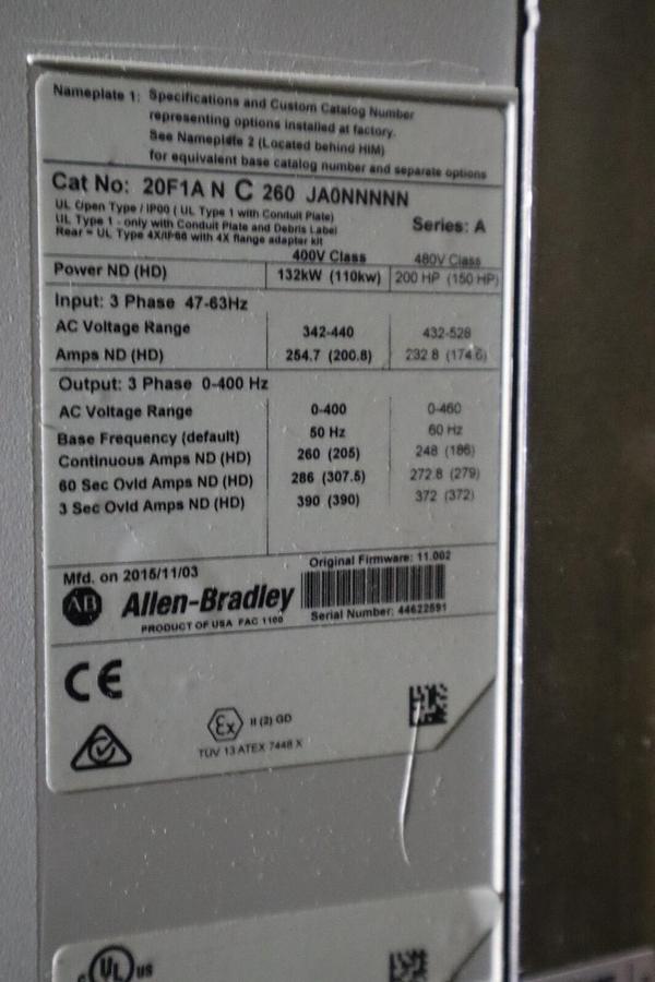 Used Allen-Bradley 20F1ANC260JA0NNNNN PowerFlex 753 AC Drive 400V 132kW 3-PH #3312-A