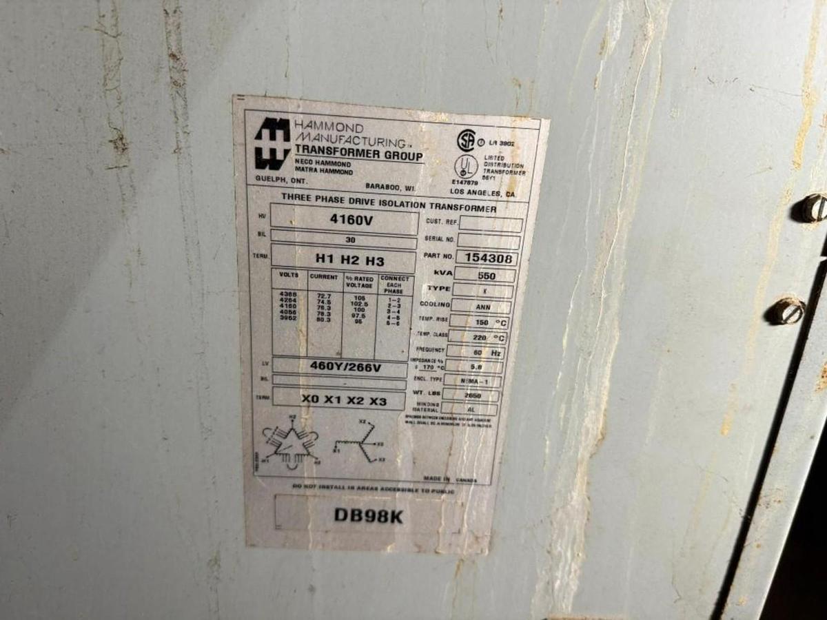 Used 550 kVA HPS Hammond 154308 Transformer HV 4160V LV 480/266V ALUMINUM WINDINGS