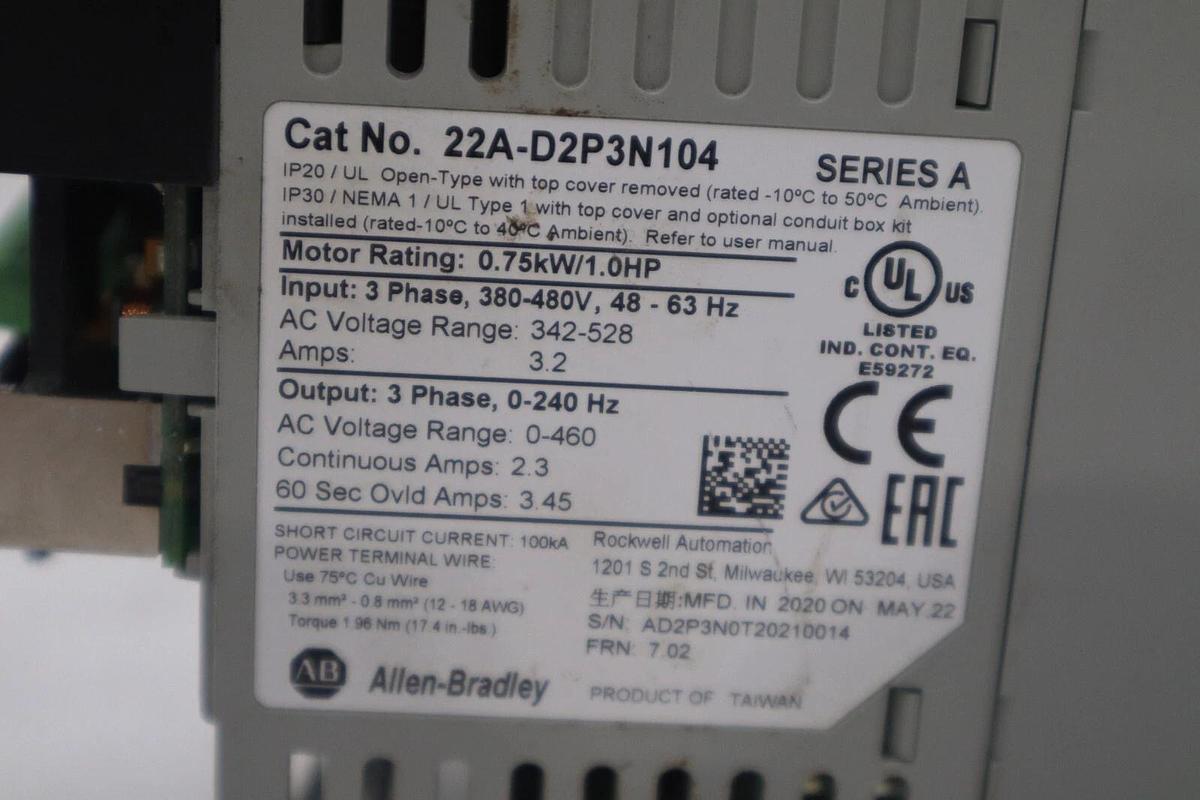 Used Allen Bradley 22A-D2P3N104/A PowerFlex 4 AC Drive 480V 3Ph 1HP 2.3A STOCK H90A