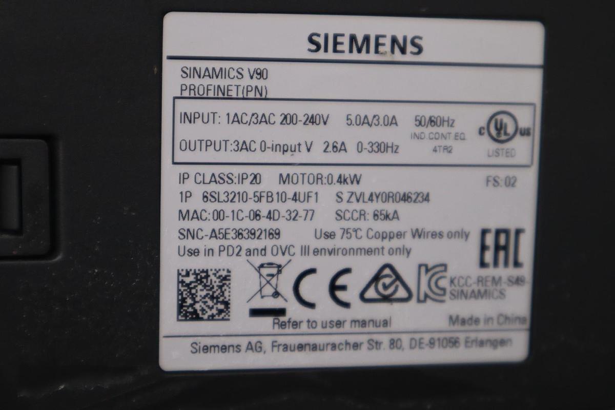 Used SIEMENS 6SL3210-5FB10-4UF1 SINAMICS V90 PROFINET SERVO DRIVE - STOCK H814C
