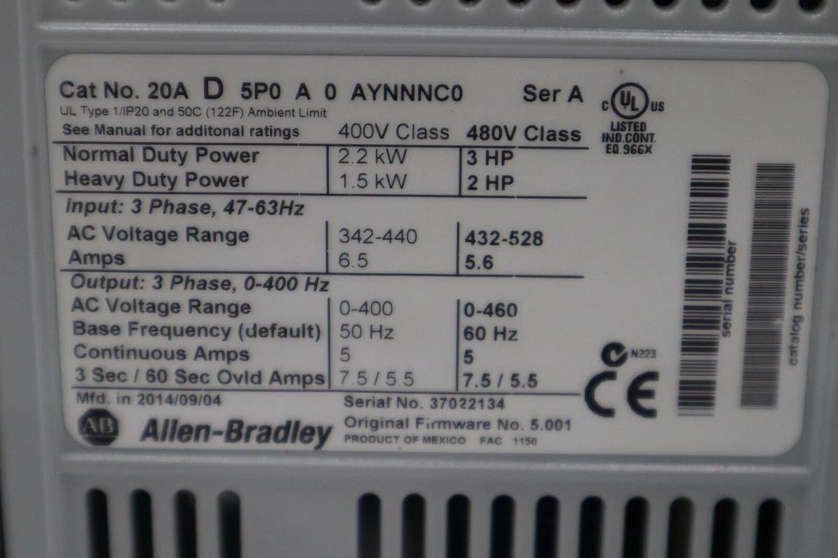 NEW ALLEN BRADLEY 20AD5P0A0AYNNNC0 POWERFLEX 70 SER A STOCK #2541-A