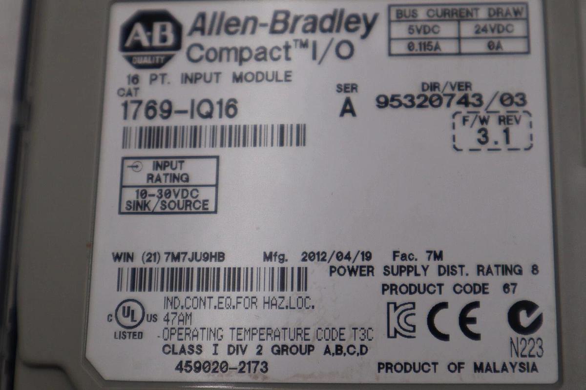 Used 1769-IQ16 ALLEN BRADLEY INPUT MODULE SERIES A STOCK K-35-A