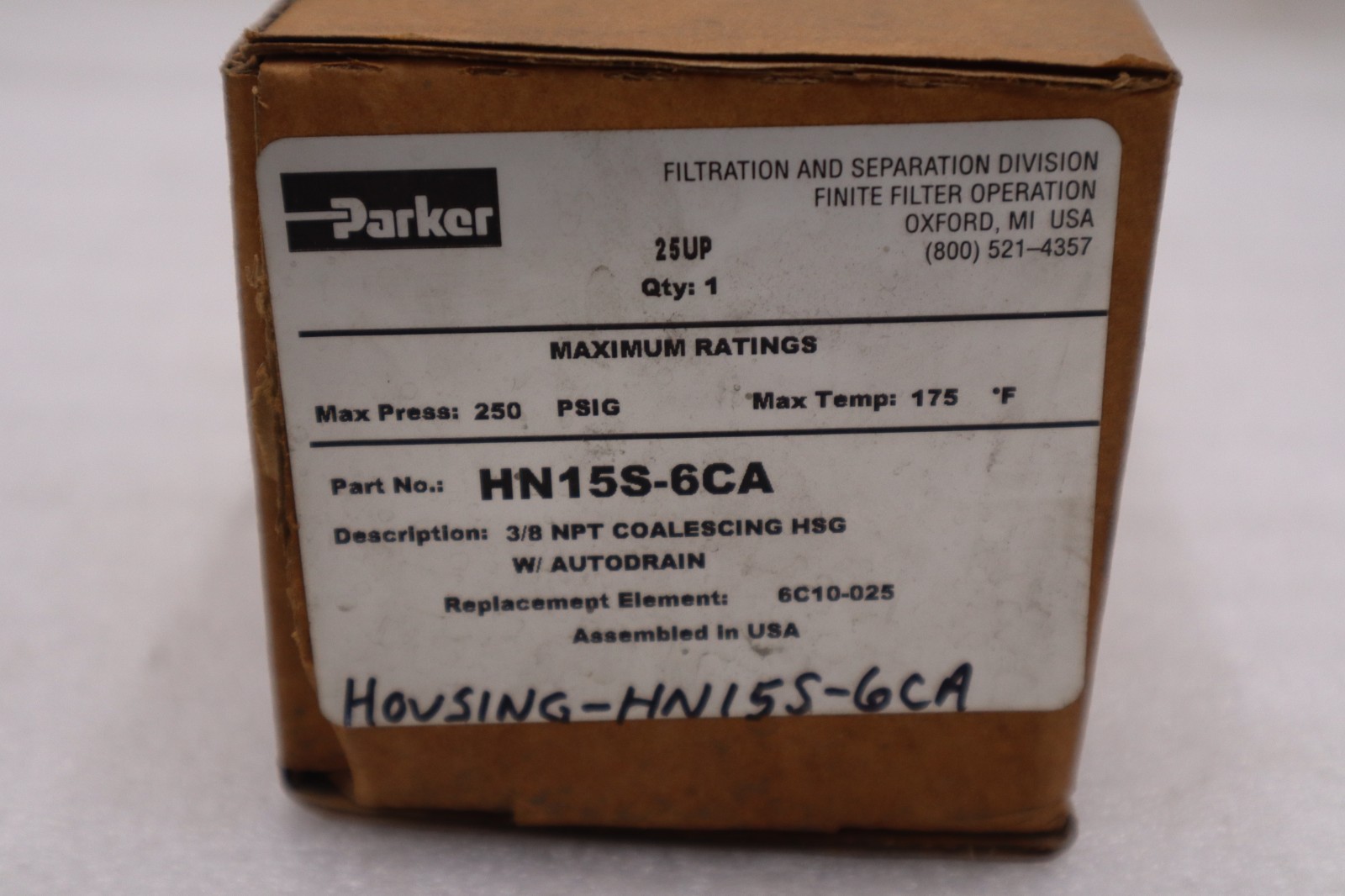 PARKER HN15S-6CA COALESCING FILTER HOUSING 3/8" NPT CONNECTION - STOCK GF1138