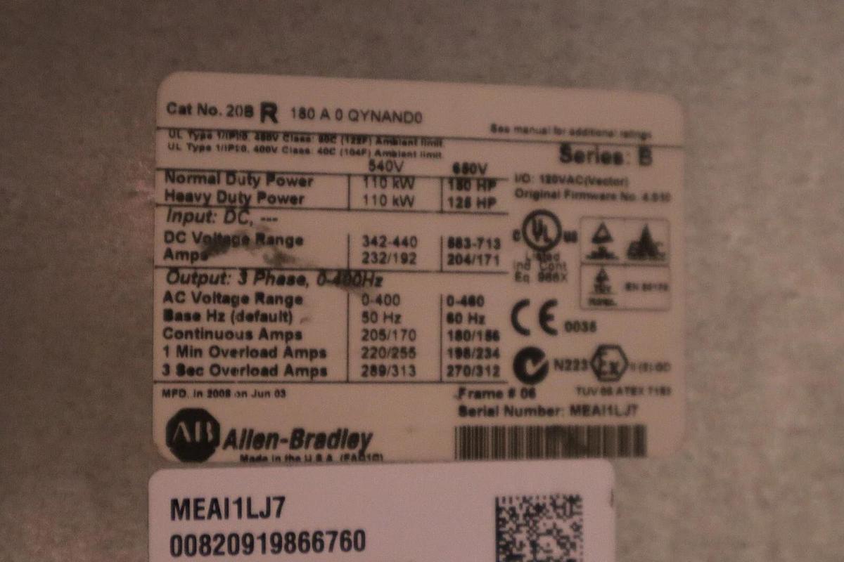Used Allen Bradley 20BR180A0QYNAND0 SERIES B POWERFLEX 700 DRIVE VFD 150 HP S-155