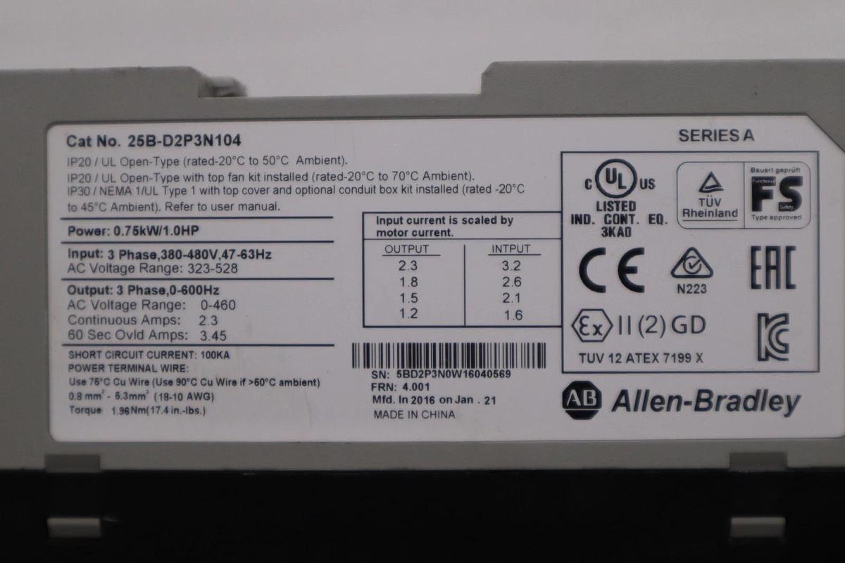 Used USED ALLEN BRADLEY 25B-D2P3N104 POWERFLEX 525 SER. A 1.0HP 25BD2P3N104 #H1821
