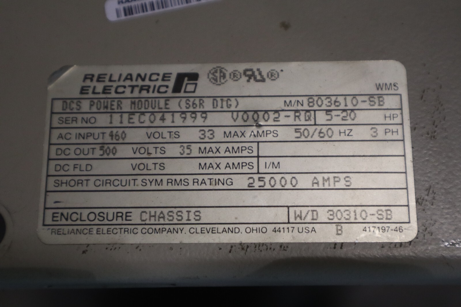 Used Reliance DCS Power Module 803610-SB 5/20HP 460V 33AMP 50/60HZ 3PH STOCK 1663C