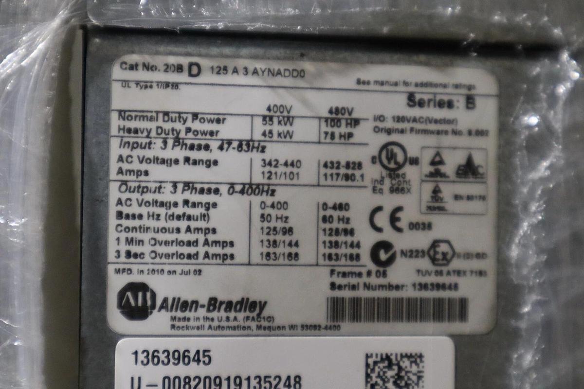 Used ALLEN BRADLEY 20BD125A3AYNADD0 POWERFLEX 700 DRIVE 100 HP SER.B STOCK S-598