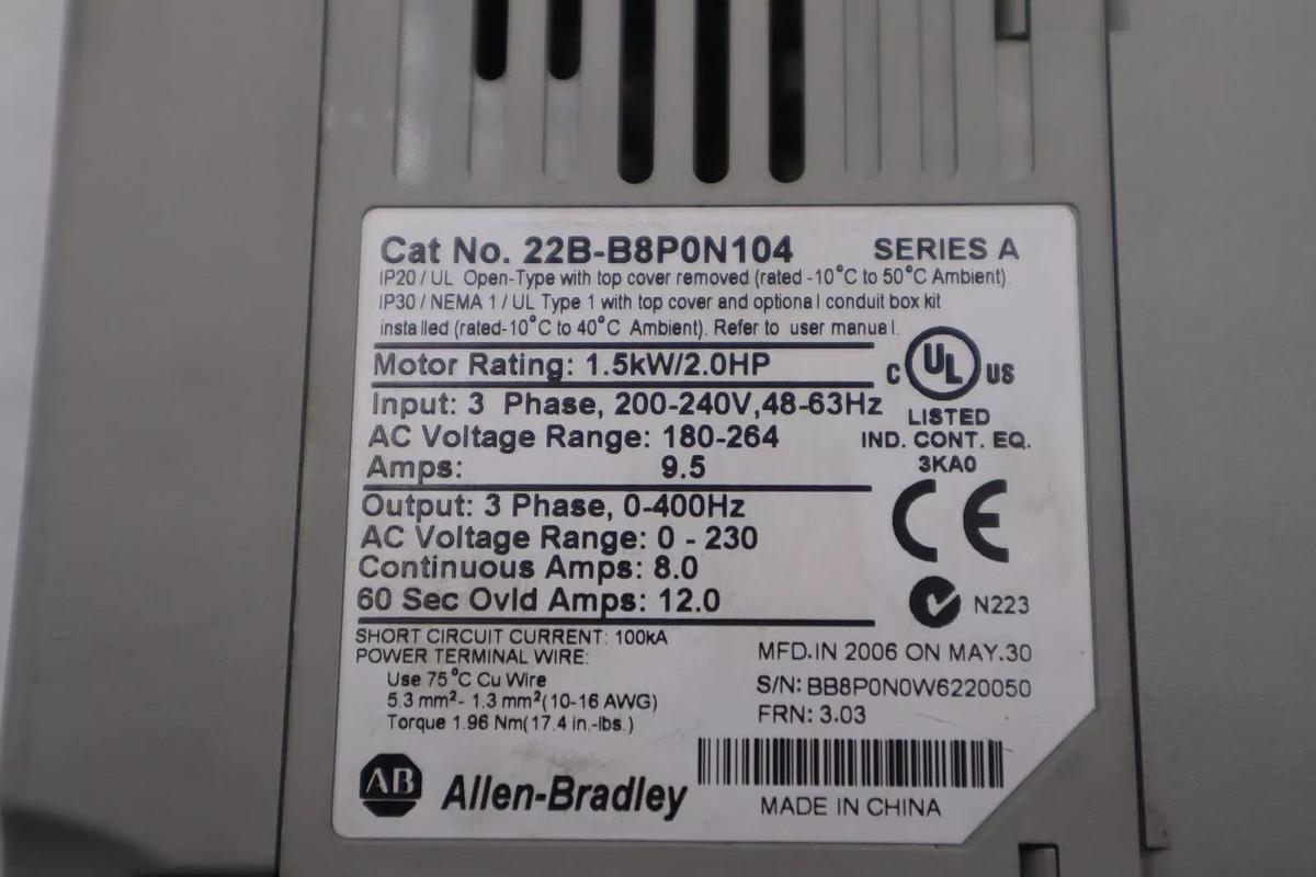 Used Allen Bradley 22B-B8P0N104 PowerFlex 40 AC Drive Ser A AB STOCK K-3523