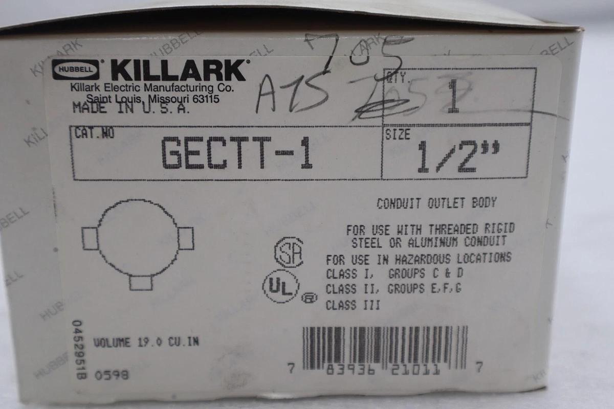 HUBBELL KILLARK GECTT-1 Conduit Outlet Body,Iron,Trd Sz 1/2in #2014-A