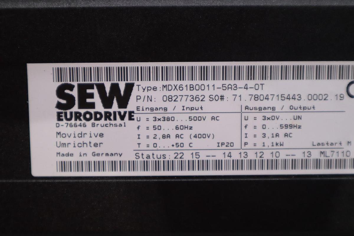 Used Sew-Eurodrive Movidrive B Series MDX61B0011-5A3-4-0T Variable Frequency Drive