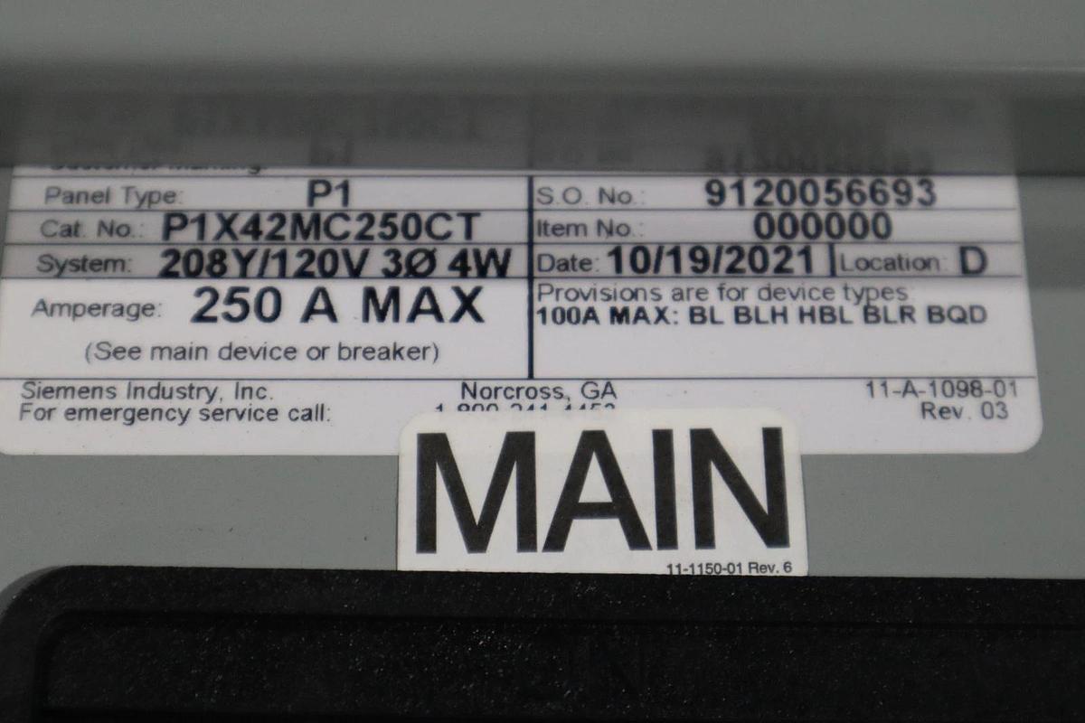 Used SIEMENS P1 250A 208Y/120V P1X42MC250CT MAIN BEAKER STOCK HS43