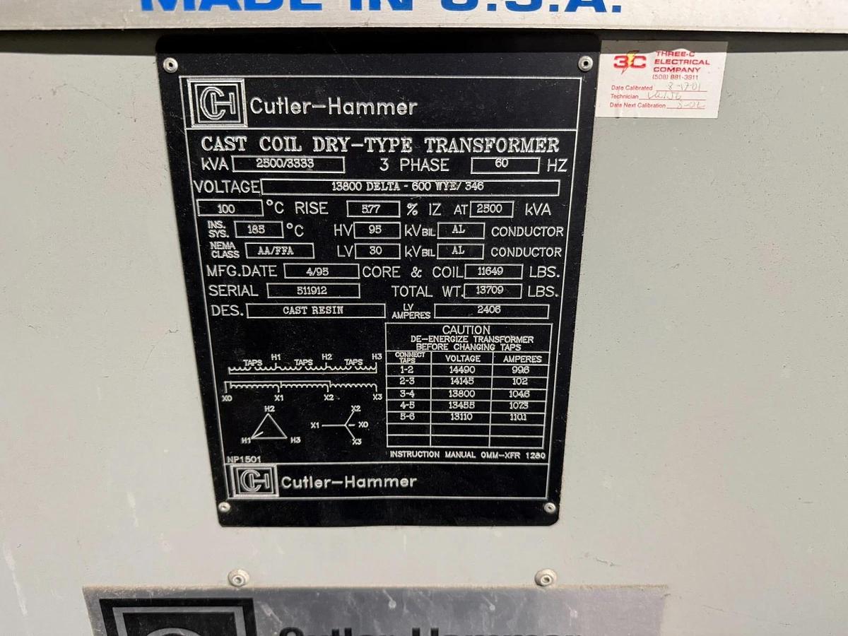 Used ABB CUTLER HAMMER 2500/3333 kVA 13800 Delta to 600Y Dry Type Transformer W/ GEAR