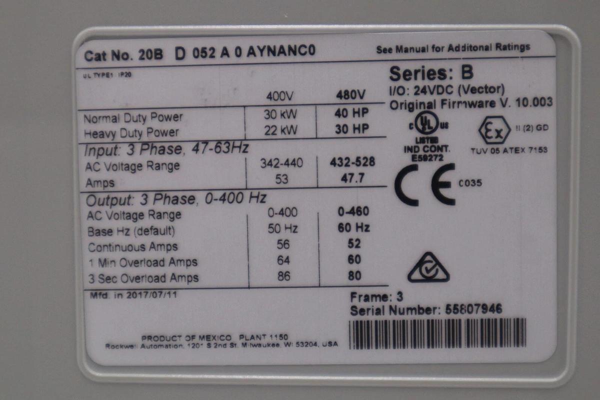 ALLEN BRADLEY 20BD052A0AYNANC0 40 HP MANUFACTURED 2017 (NEW NO BOX) STOCK 2036-A