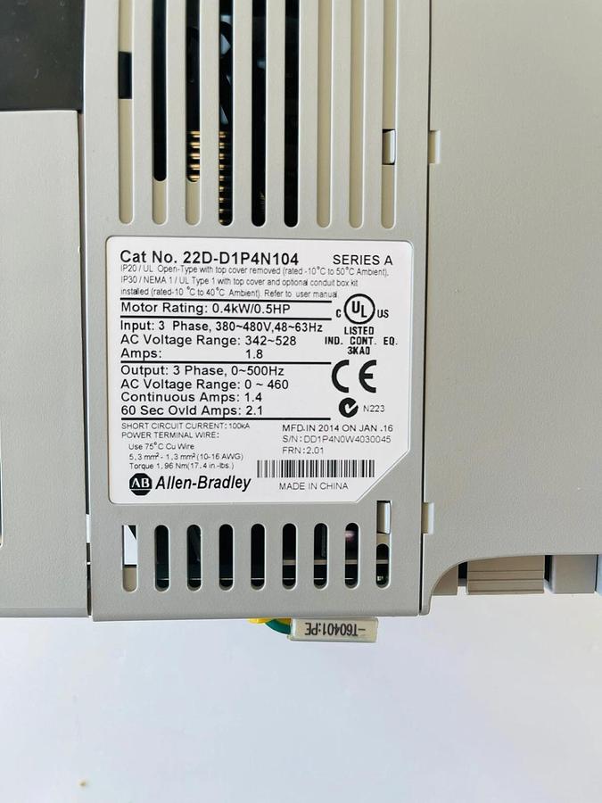 Used Allen Bradley 22D-D2P3N104 POWERFLEX-40 AC DRIVE 1.0HP #K-619