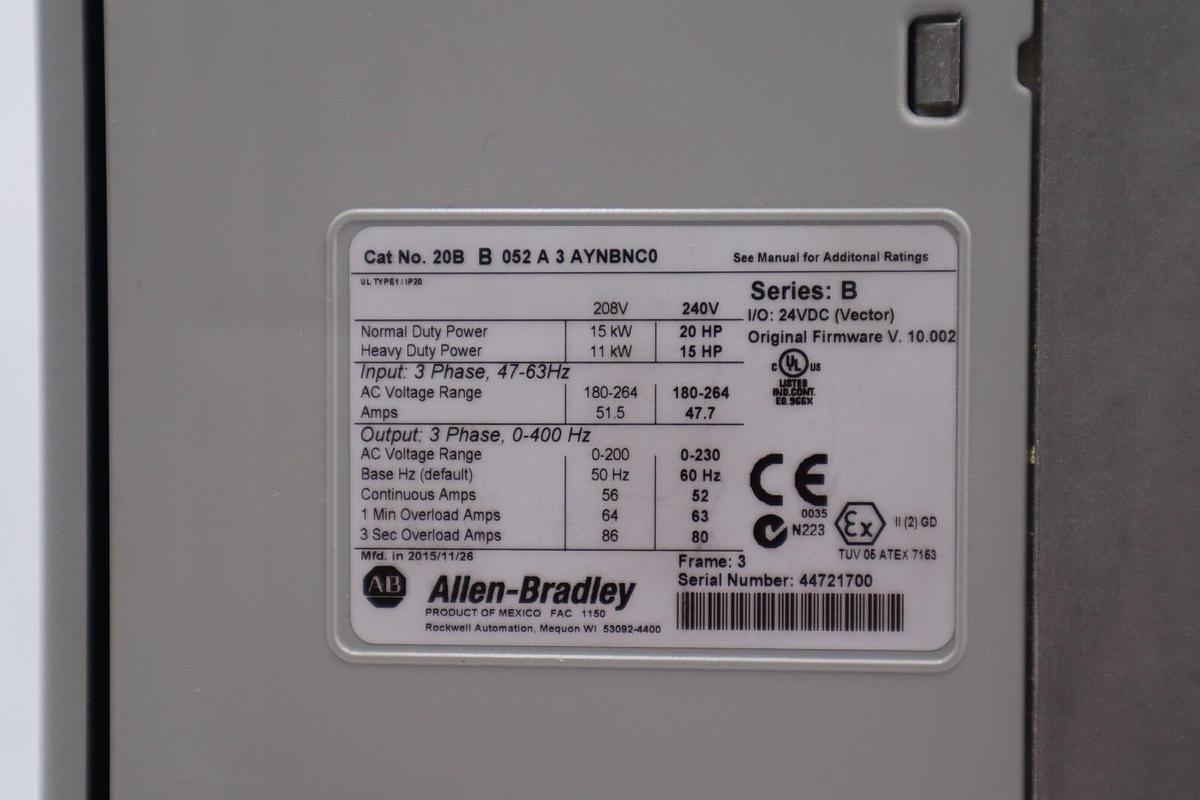 Used ALLEN BRADLEY VFD 20BB052A3AYNBNC0 SER B AC DRIVE POWERFLEX 700 20 HP STK 313-A