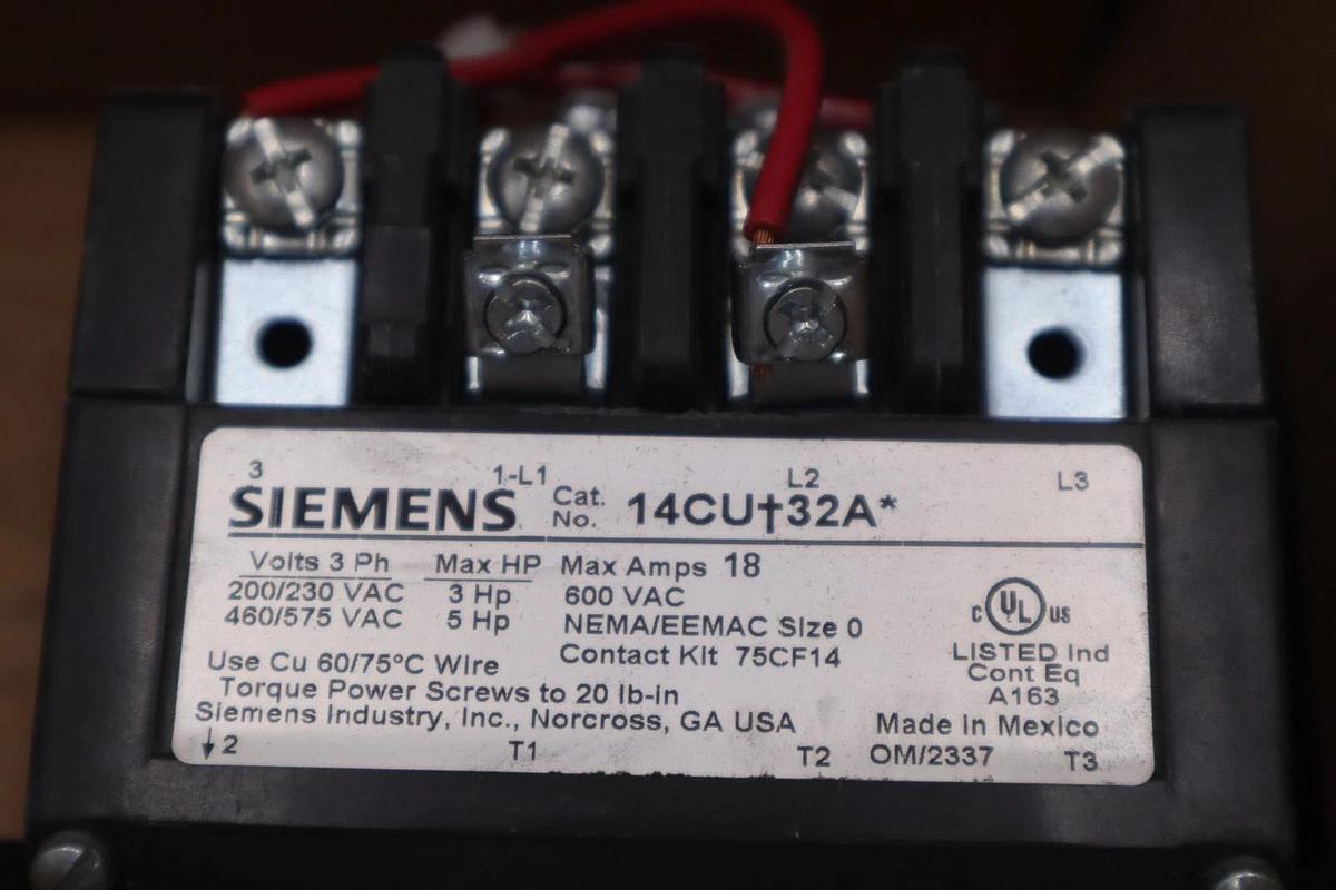 Used Siemens 14CUB32AA Motor Starter Size0, 18A, Relay .75-3.4A, Open 3-Phase #1406CC