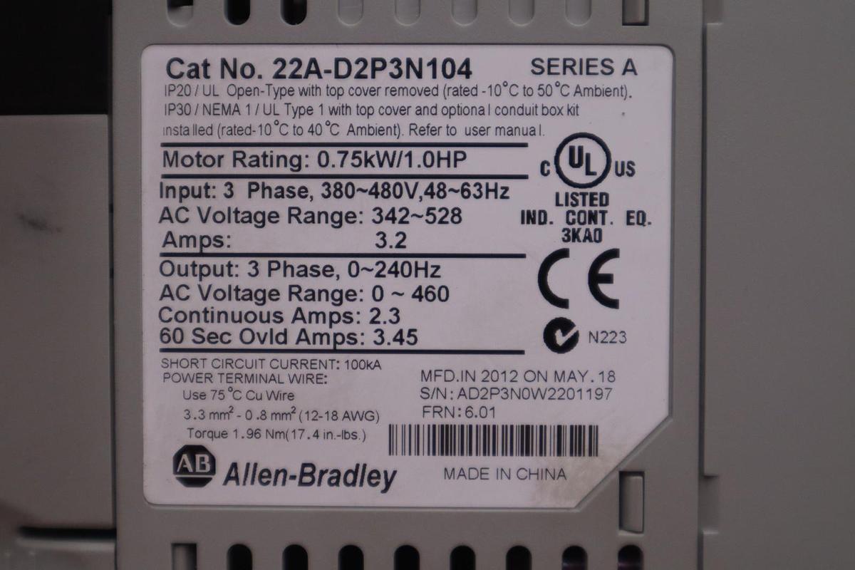 Used Allen-Bradley PowerFlex 4 22A-D2P3N104 380-480V 3 Phase 2.3A 0.75kW 1 HP Drive