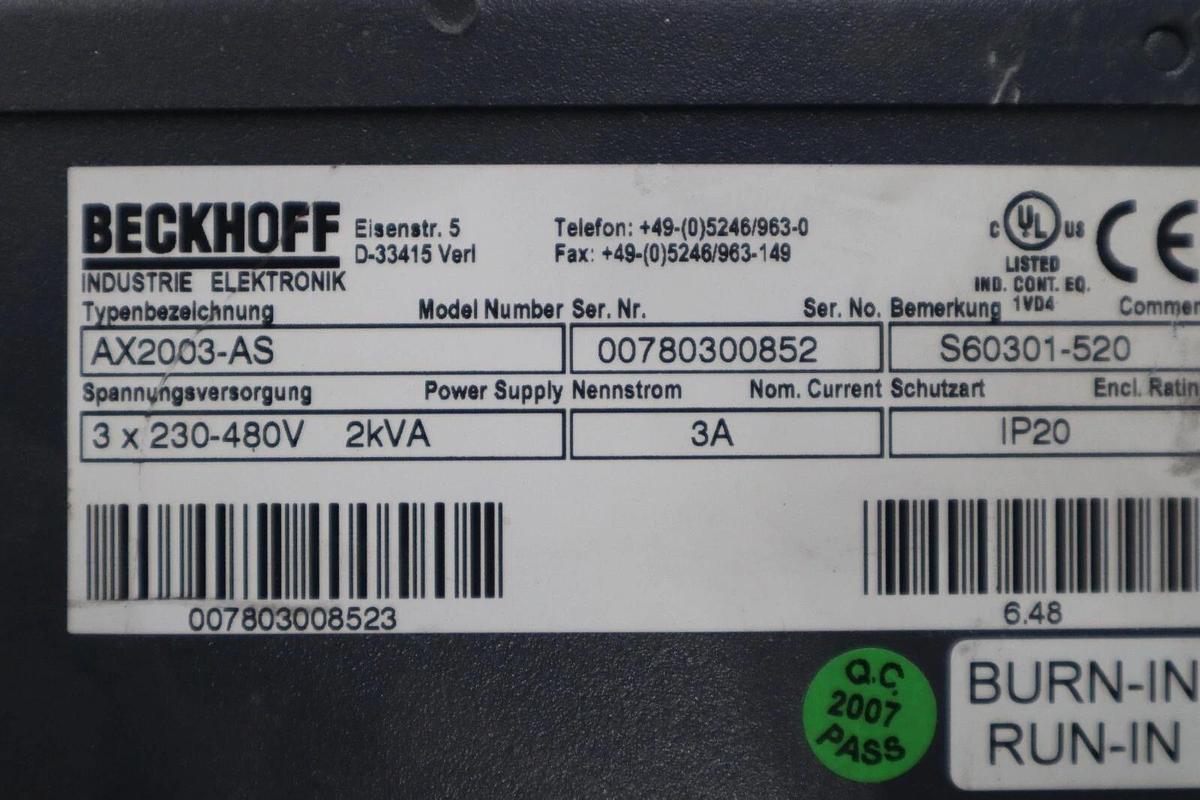 Used Beckhoff AX2003-AS S60301-520 Digital Compact Servo Drive Amplifier STK K-409-D