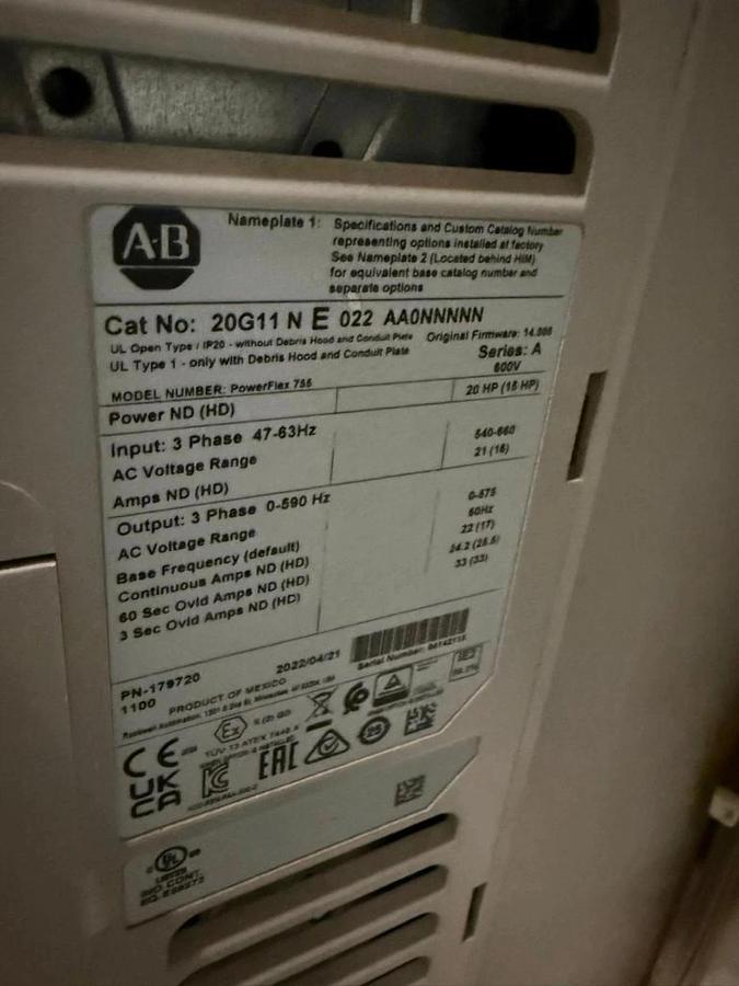 Used 20 HP ALLEN BRADLEY POWERFLEX 755 DRIVE CAT. 20G11NE022AA0NNNNN 600V